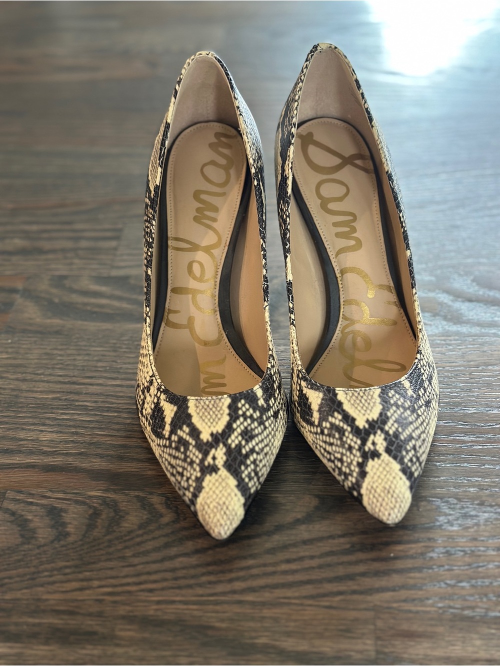 Sam Edelman Snake-Print Pointed Toe Pumps in Beige and Black 7.5